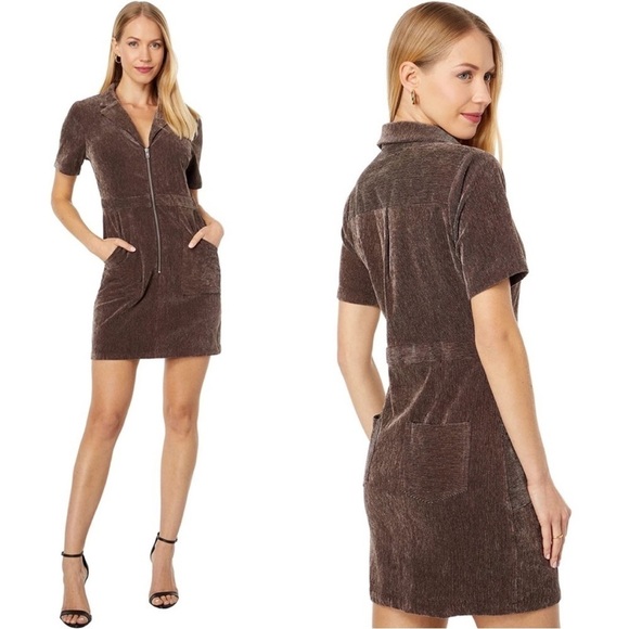 En Saison Route Mini Dress Zip Up Short Sleeve Brown Corduroy New Size XS - Picture 1 of 16